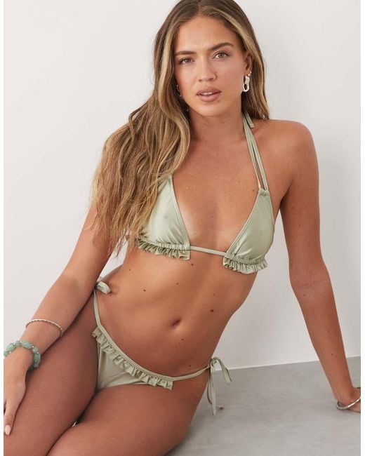 Miss Selfridge Natural Frill Satin Triangle Bikini Top
