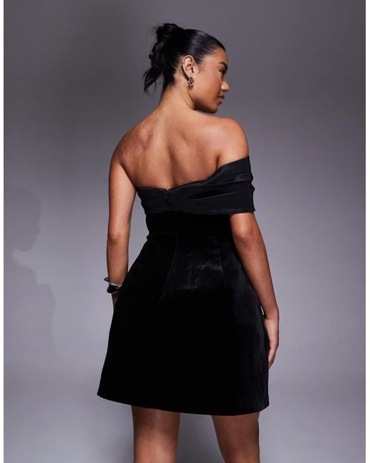 Jarlo Blue Asymmetric Bardot Velvet Mini Dress