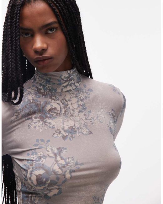 & Other Stories Gray Sheer Floral Printed High Neck Top