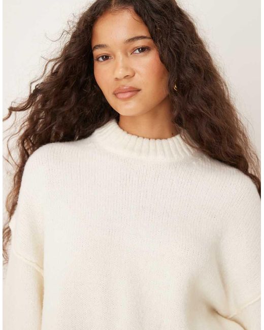 Gina Tricot White Relaxed Crew Neck Folded Sleeve Knitted Sweater