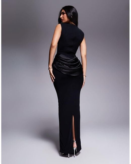 Wanderdoll Black Eman Sleeveless Slash Neck Satin Draped Waist Detail Bodycon Maxi Dress