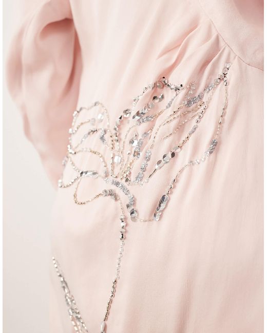 ARRANGE Natural Floral Embellished Slouchy Plunge Wrap Maxi Dress