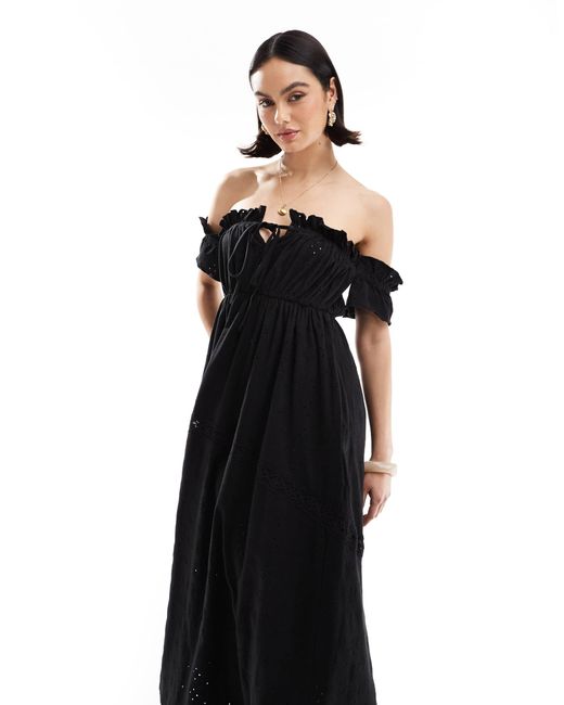 ASOS Black Broderie Frill Bardot Maxi Dress