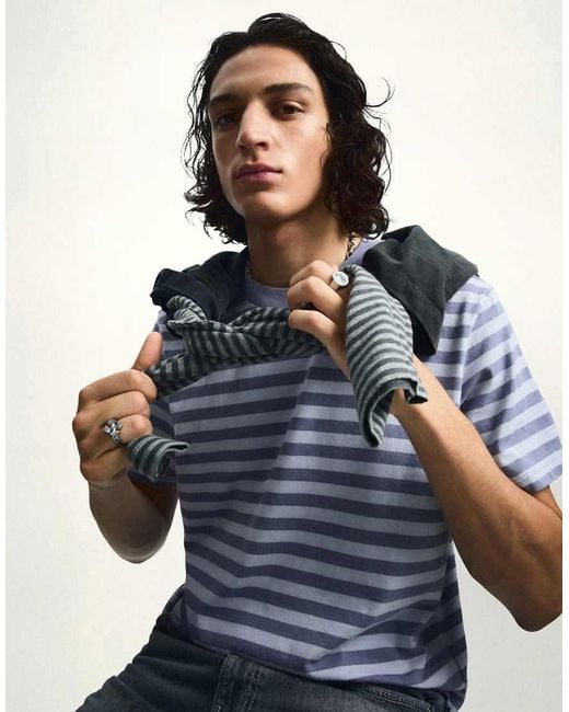 Bershka Blue Washed Stripe Short Sleeve T-Shirt for men