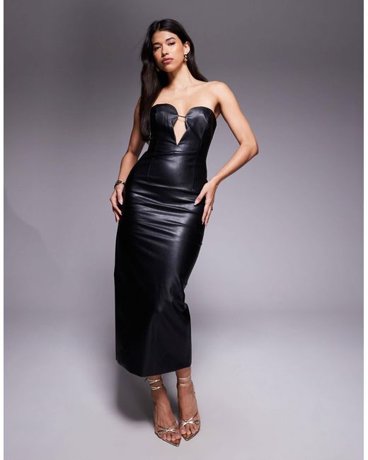 Eleni - robe mi-longue en imitation cuir Bardot en coloris Blue