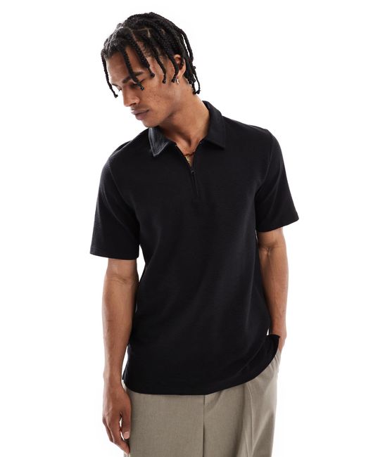 Jack & Jones Black Textured Zip Polo for men