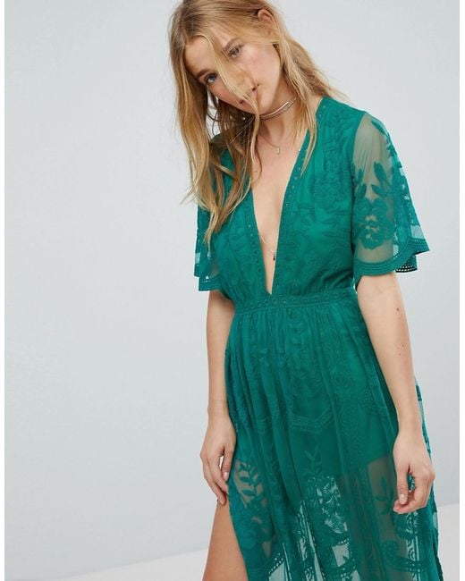 Honey Punch Maxi Dress In Premium Lace With Kimono Sleeves in Green Lyst