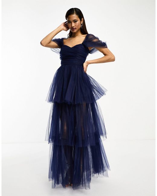 LACE & BEADS Blue High Low Tulle Maxi Dress