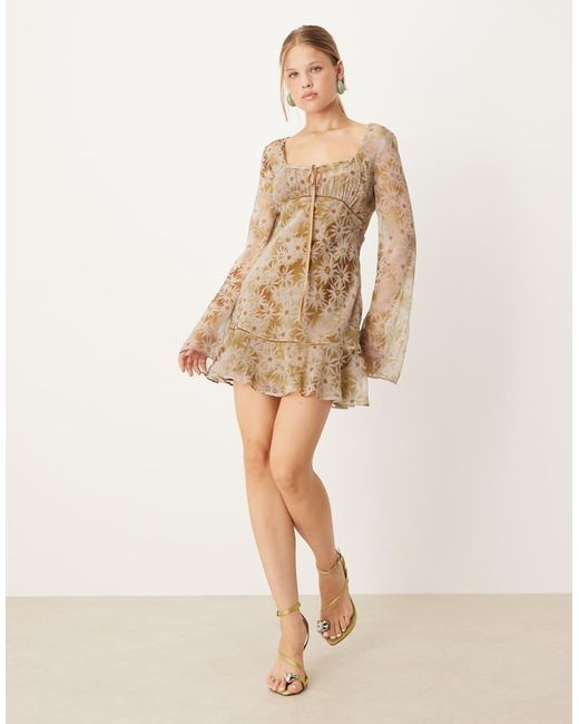 ASOS Natural Ruched Bust Long Sleeve Mini Dress
