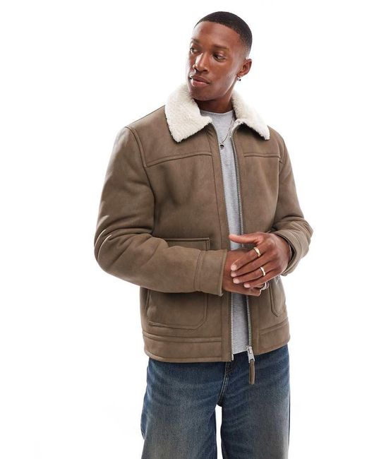 River Island Brown Shearling Faux Nubuck Aviator Jacket for men