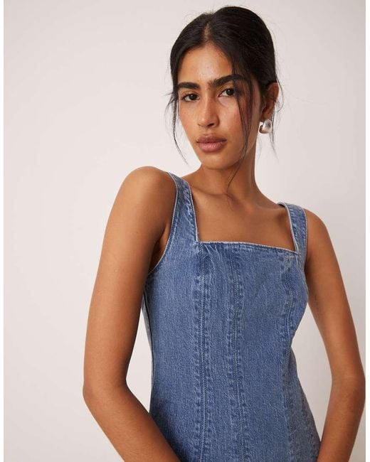 Abercrombie & Fitch Square Neck Fit & Flare Panelled Denim Midi Dress in  Blue | Lyst UK