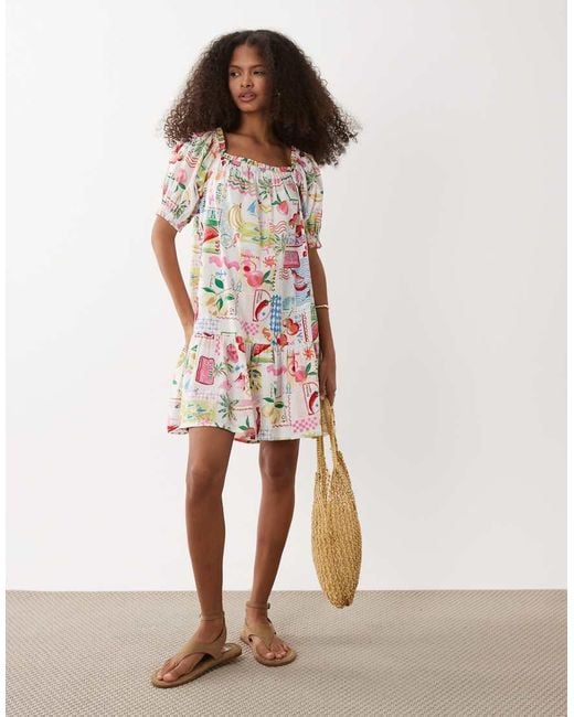 Accessorize White Postcard Print Mini Beach Dress