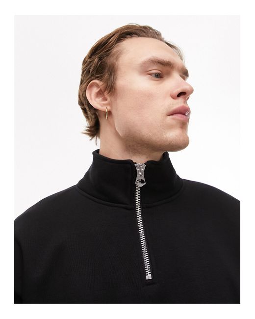 Topman Black Premium Heavyweight Oversized 1/4 Zip Sweatshirt for men
