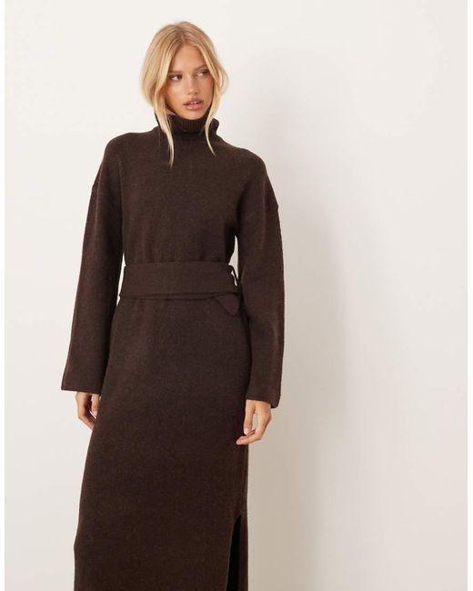 Pretty Lavish Brown Knitted Tie Waist Roll Neck Leg Split Midaxi Dress
