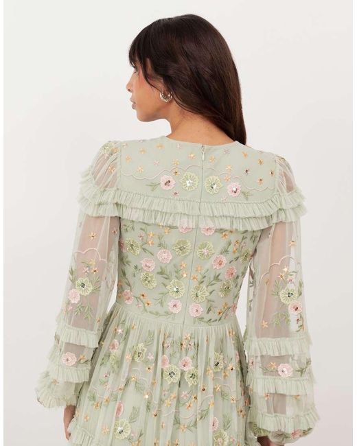 Maya Natural Floral Embroidery Long Sleeve Frill Maxi Dress