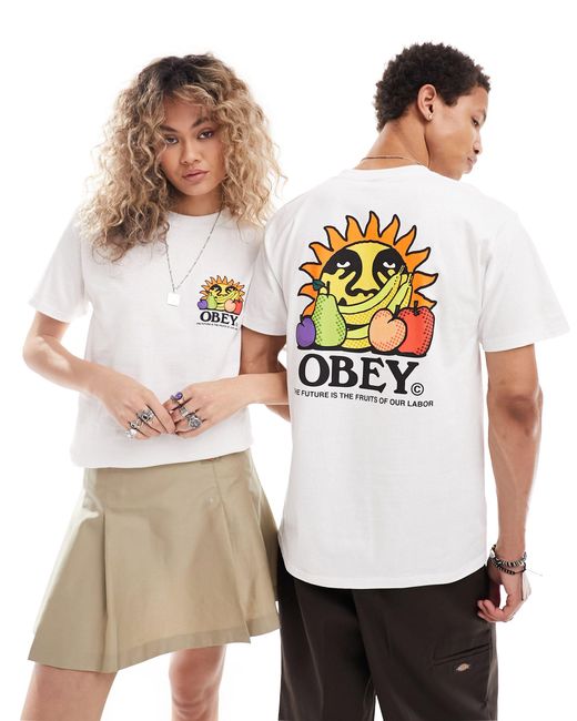 T-shirt unisexe avec imprimé soleil et fruits au dos Obey en coloris White