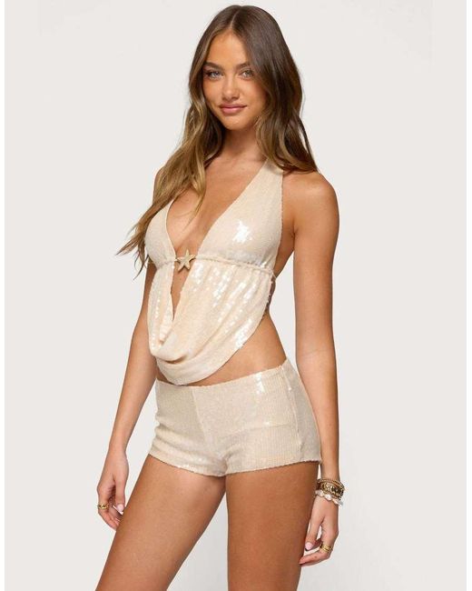 Edikted Natural Roxey Sequin Backless Cowl Neck Top