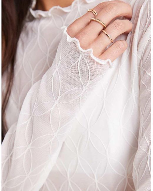 Pieces White Long Sleeve High Neck Textured Top