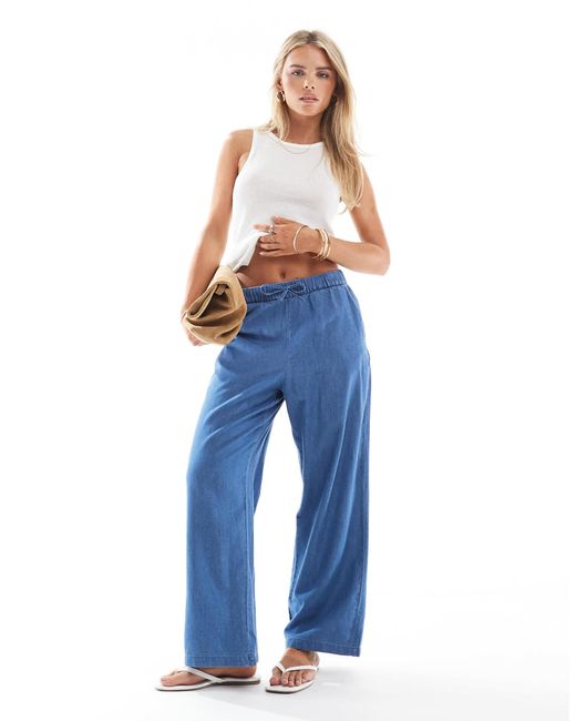 Only Petite Blue Tie Waist Wide Leg Denim Trousers