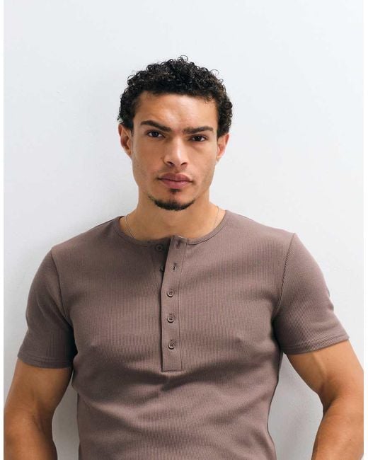 ASOS Blue Muscle Fit T-shirt With Henley Neck for men