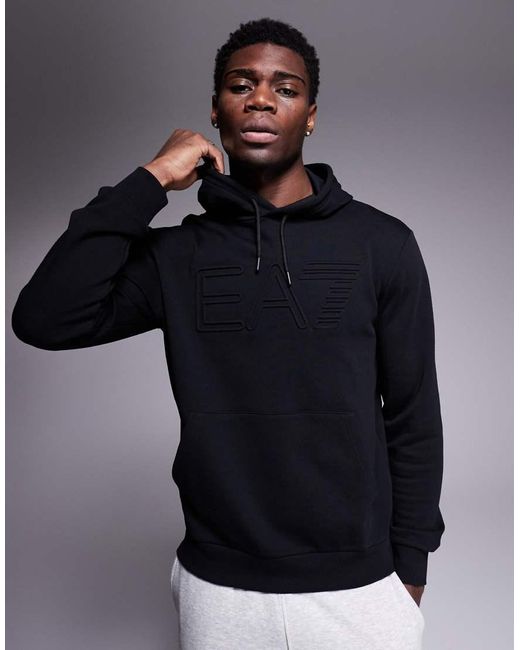 EA7 Black Armani Embossed Central Logo Hoodie for men