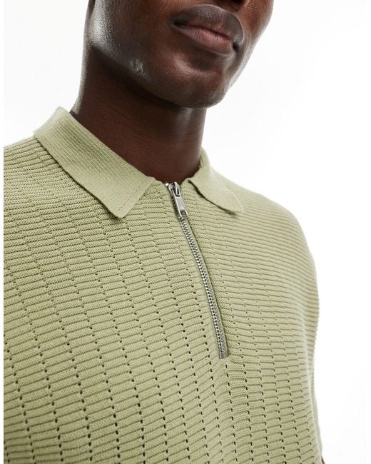 Only & Sons Green Half Zip Open Knit Polo for men