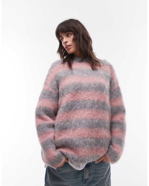 TOPSHOP Pink Knitted Ultra Fluffy Stripe Relaxed Jumper
