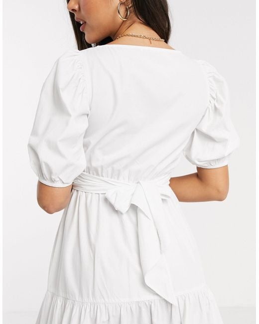 stradivarius poplin midi dress Stradivarius shirred poplin midi dress with puff sleeves in stone