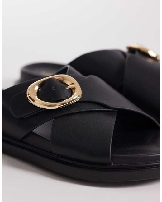 London Rebel Black Raya Flat Sandals With Buckle Detail