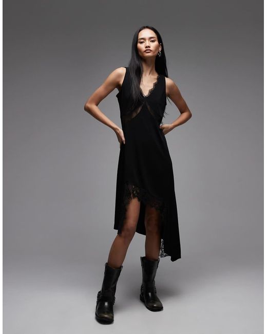 AllSaints Black Lailey Asymmetric Lace Trim Dress