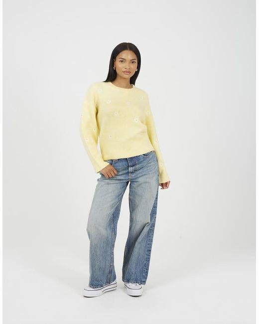 Brave Soul Natural Soft Crew Neck Daisy Embroidery Jumper