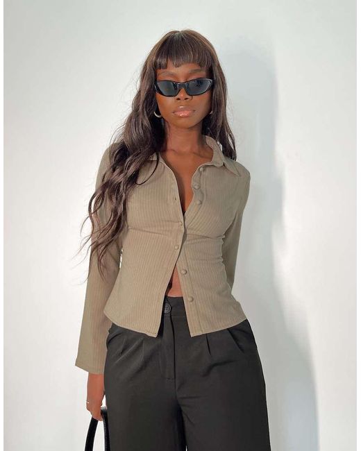 Princess Polly Gray Anni Collared Flare Sleeve Fitted Shirt
