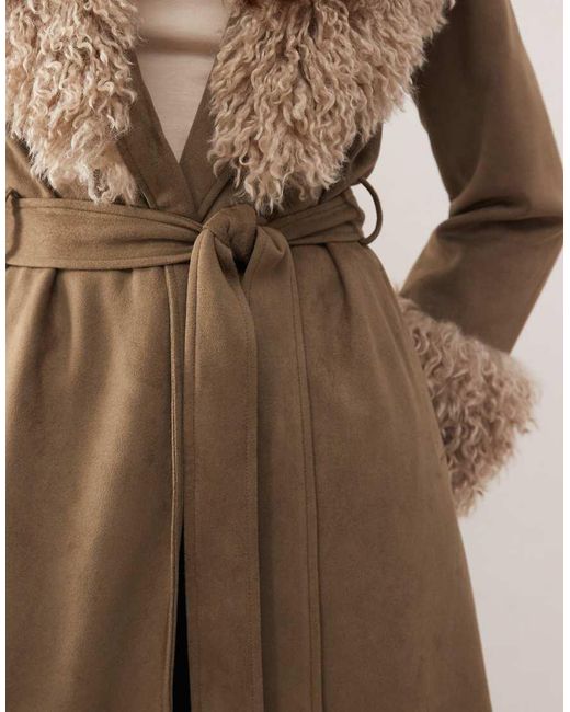 Reclaimed Vintage Brown Longline Suede Look Trench Coat With Faux Fur Collar And Cuffs