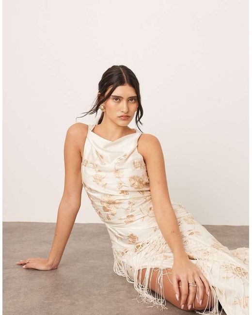 ARRANGE Natural Embroidered Satin Drape Midi Dress With Fringe
