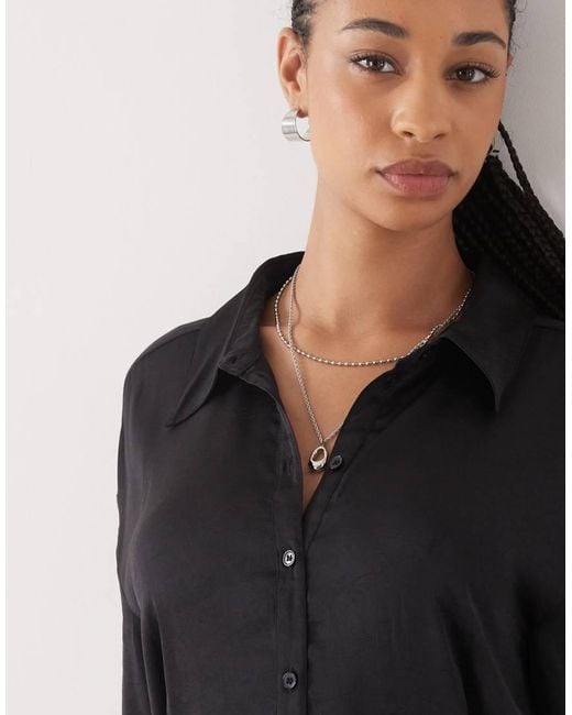 Monki Black Long Sleeve Crinkle Satin Shirt Dress With Floaty Skirt