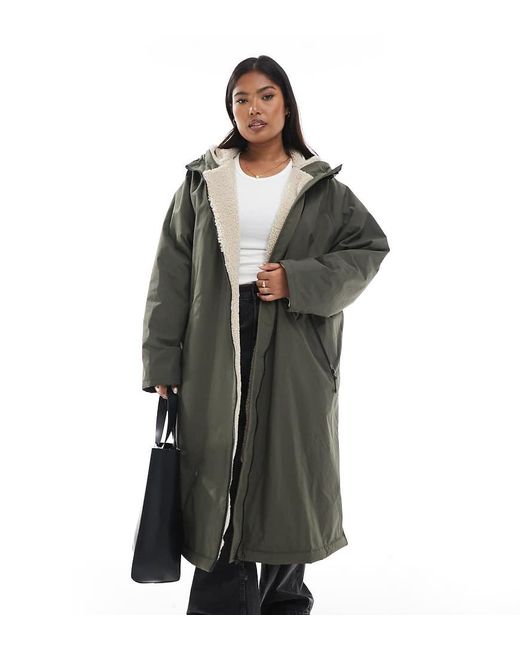 ASOS Green Asos Design Curve Longline Fleece Lined Rain Coat