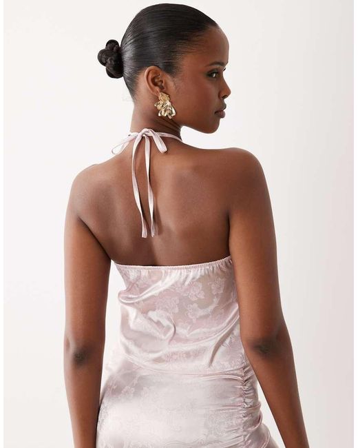 The Frolic White Exclusive Satin Jacquard Halterneck Split Front Ruched Detail Top Co-ord