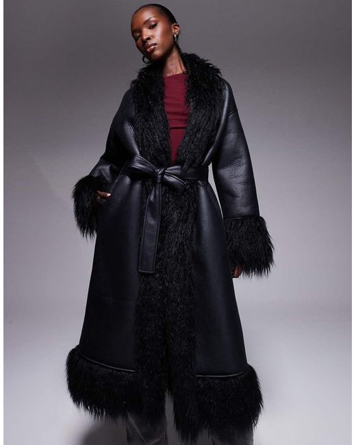 Aria Cove Blue shaggy Faux Fur Trim Leather Look Maxi Coat