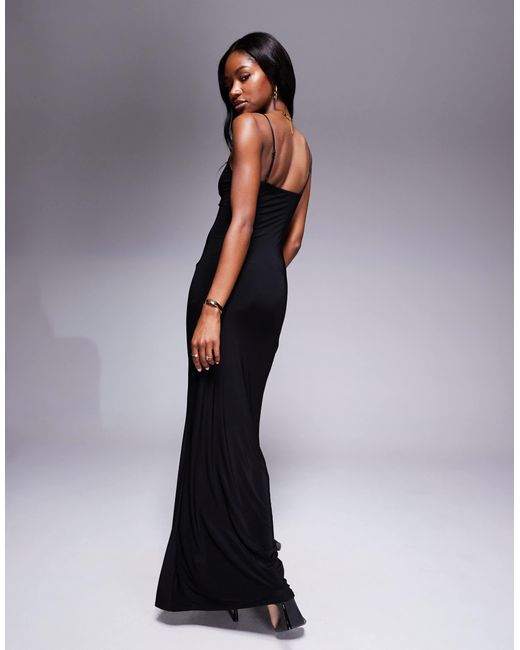 Fashionkilla Black Double Sculpted Slinky Cami Ruffle Side Split Maxi Dress