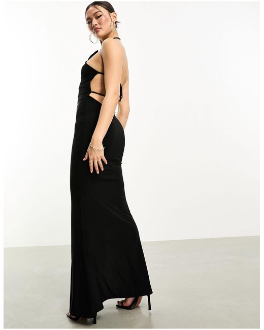 Fashionkilla Black Corsage Halterneck Open Tie Back Maxi Dress