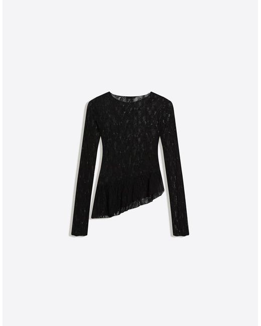 Bershka Black Long Sleeve Lace Frill T-shirt