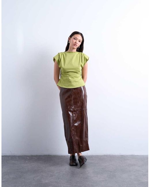 TOPSHOP Green Cinch Waist Ruched Top