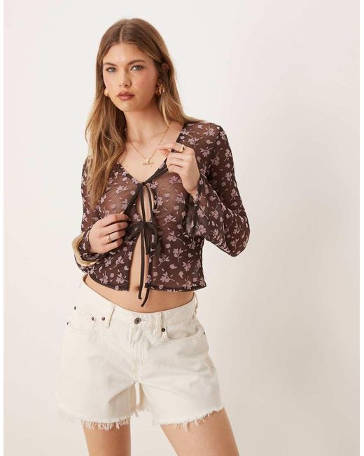 ASOS Brown Floral Flocked Sheer Tie Front Top