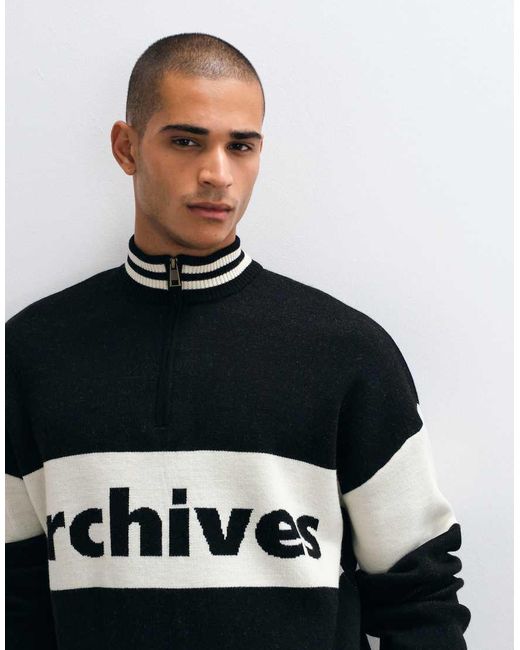 ASOS Black Oversized Knitted Half Zip With Beige Panel And Print for men