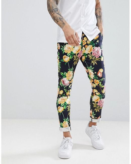 ASOS Blue Super Skinny Pants In Navy Floral Print for men