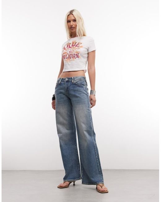 True Religion White Crystal Heritage Graphic Ringer Cropped Baby Tee