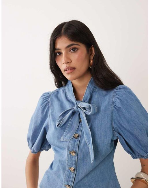 Miss Selfridge Blue Tie Neck Puff Sleeve Denim Top
