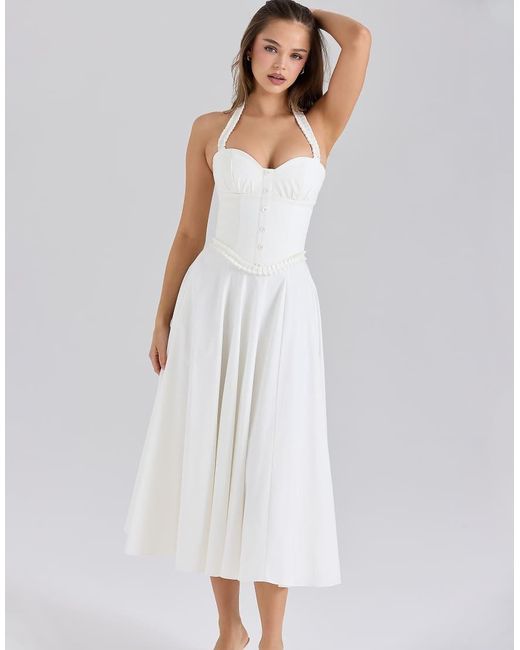 House Of Cb White Georgie Stretch Cotton Halter Neck Midi Dress
