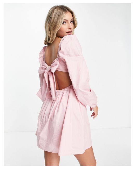 Missguided Pink Tie Back Dress With Puff Sleeve