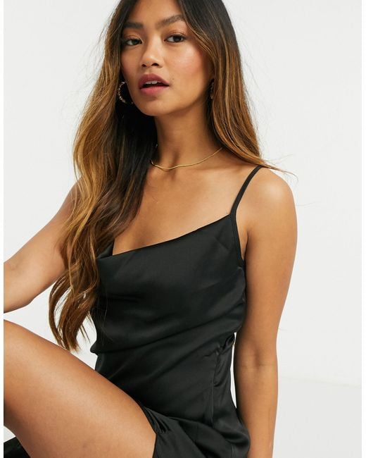 black satin midi dress with split Dream Crush Lace-Up Back Side Split Midi Dress Black